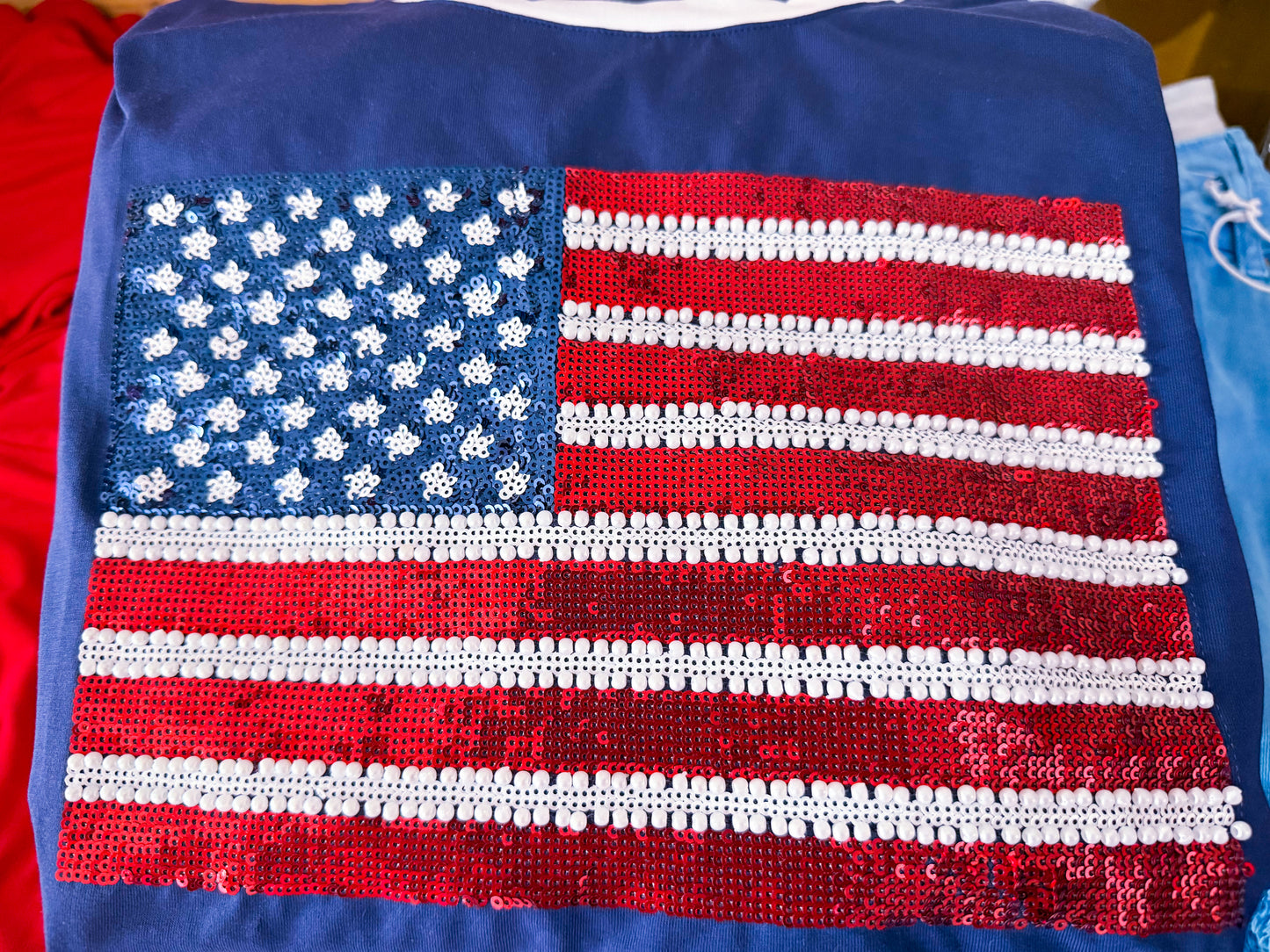 Red White & Blue Pearl Sequins Top
