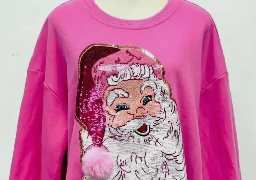 Pink Sequins and Pom Santa Sweater