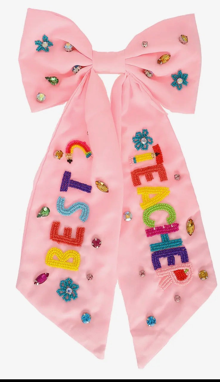 Pink Best Teacher Beaded Bow
