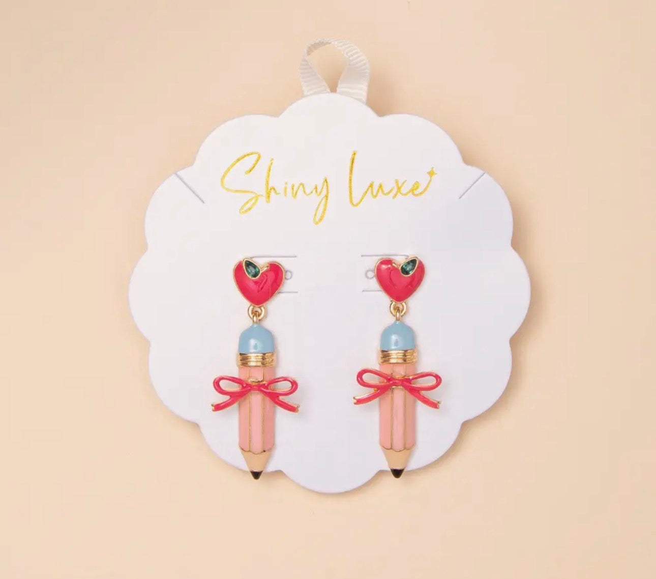 Pencil Bow and Heart Earrings