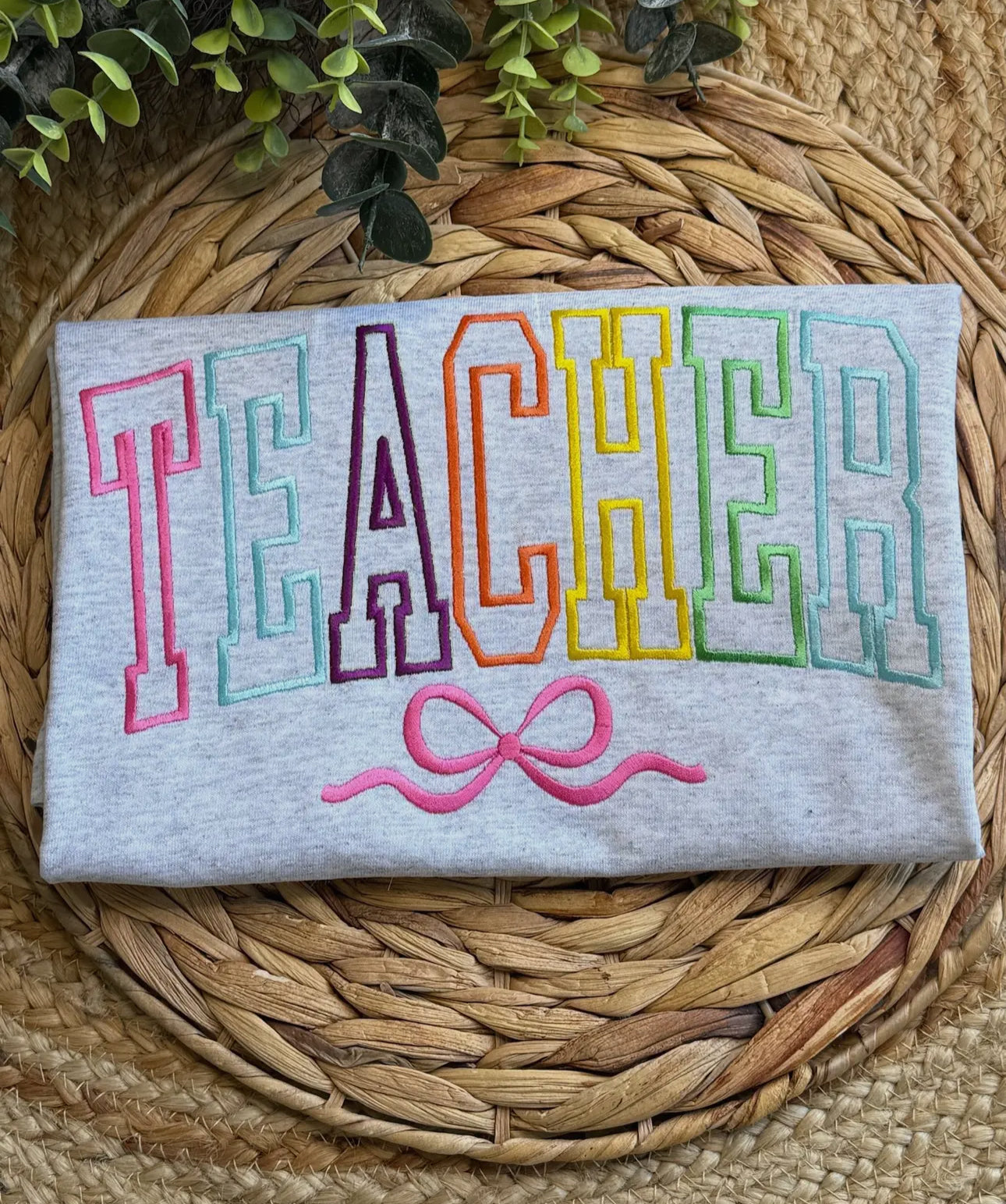 Colorful TEACHER Bow Embroidered Graphic Tee