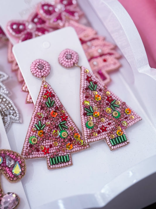Pink Christmas Tree Earrings