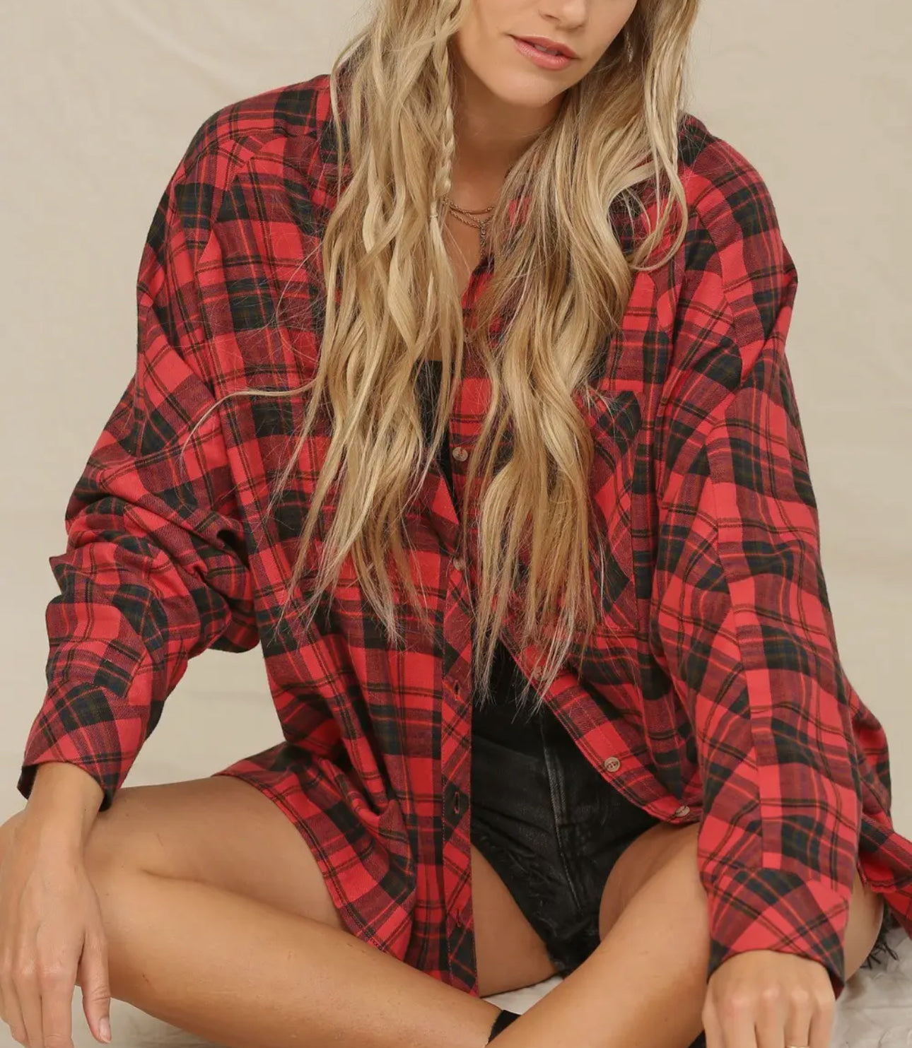 Red and Black Button Oversized Shirt
