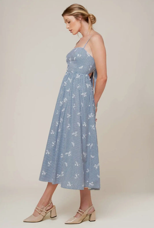 Blue Striped Embroidered Midi Dress